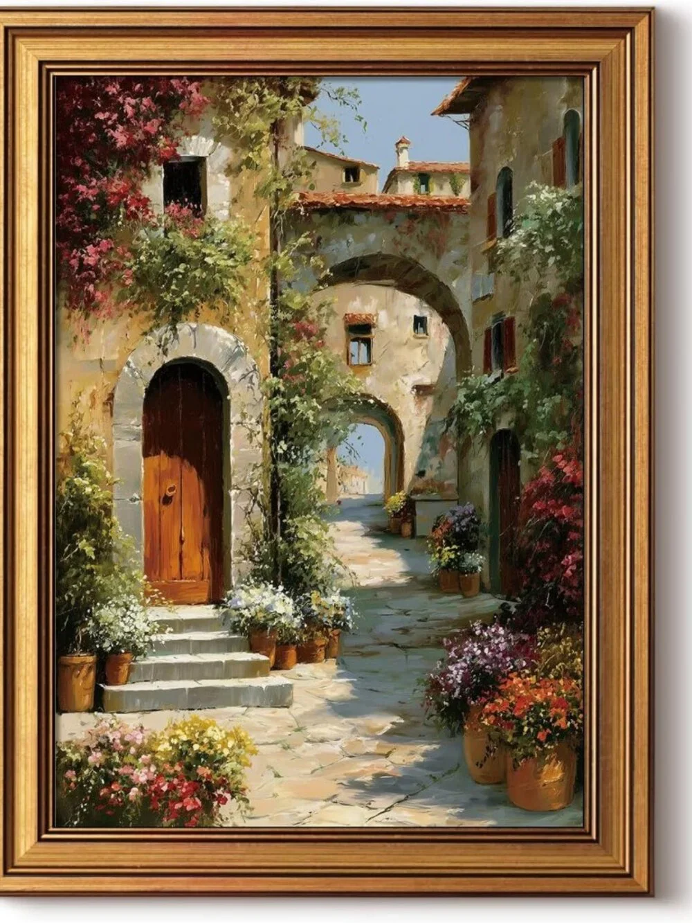 Gold Framed Mediterranean Village Canvas Art - 16x12 Inch Tuscan Landscape Decor